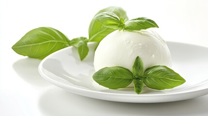 A fresh ball of mozzarella cheese on a white plate, garnished with vibrant green basil leaves, set against a clean white background, showcasing simplicity and elegance