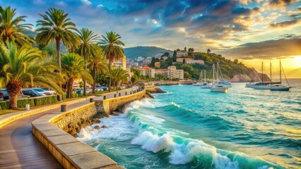 Obraz premium Vibrant turquoise Mediterranean waves gently lap against a picturesque stone promenade, lined with palm trees and luxury yachts, in the French Riviera's warm golden light.