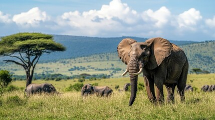 Obraz premium Elephant in Savanna Grassland with Lush Green Background