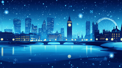A cityscape with a large clock tower in the center