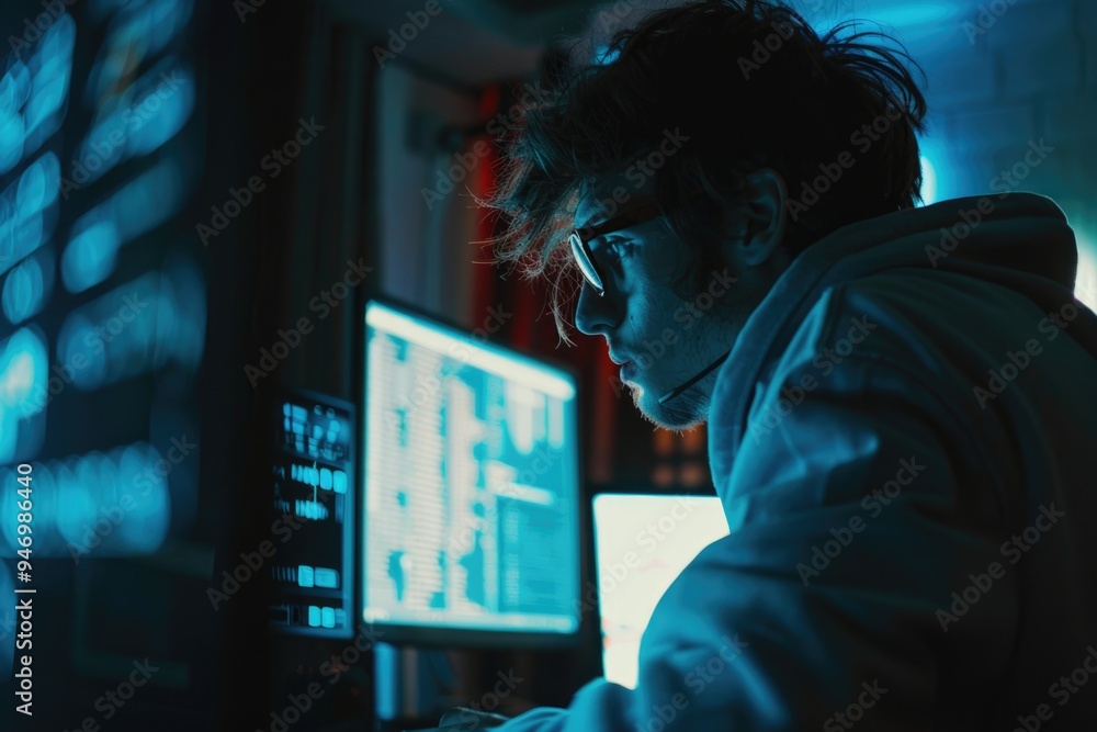 Aufkleber A person sitting at a desk with a computer monitor and possibly working or studying