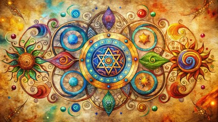 Vibrant watercolor art depicts mystical ancient symbols, swirling shapes, and cryptographic patterns on a textured parchment background, evoking mysticism and ancient wisdom.
