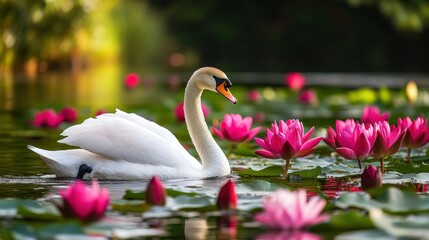 Obraz premium A Graceful White Swan Amidst Pink Water Lilies