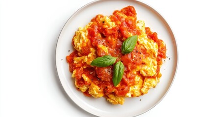 A plate of scrambled eggs covered with savory tomato sauce, set against a white background, photographed from above for a clean and inviting food presentation,