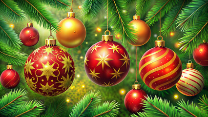 Background with Christmas ornaments, red and gold glittering baubles on a backdrop of fir branches
