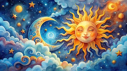 Vibrant watercolor illustration featuring a stylized sun and crescent moon amidst swirling clouds and stars, evoking a sense of whimsy and celestial wonder.