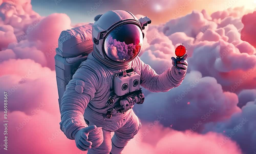 Poster astronaut floating in dreamlike pink clouds with ai generated.