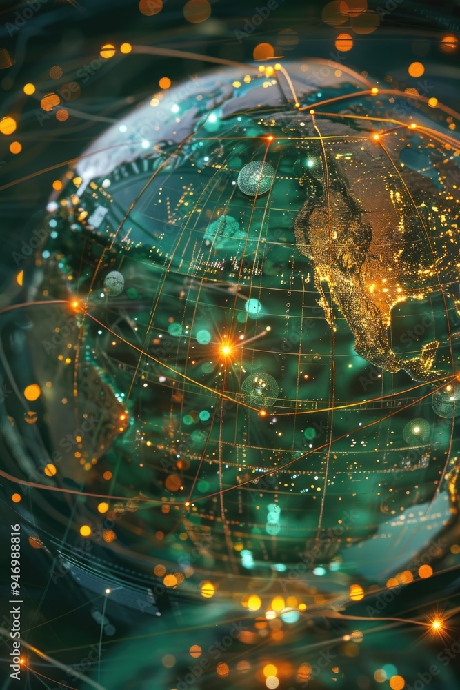 Poster a bright globe surrounded by numerous lights, ideal for use in presentations or as a decorative elem