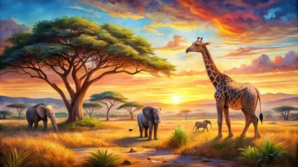 Vibrant watercolor illustration of African savannah landscape featuring majestic elephant, giraffe, and acacia trees against a warm, sunset-inspired background with soft brushstrokes.