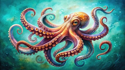 Obraz premium Vibrant watercolor illustration of an expressive octopus with soft, blended tentacles and suckers, set against a dreamy, turquoise blue background with subtle texture.