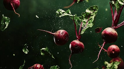 Flying red beets in dark green background, showcasing fruit and vegetables levitating