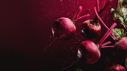 Flying red beets in dark burgundy background ,showcasing fruit and vegetables levitating