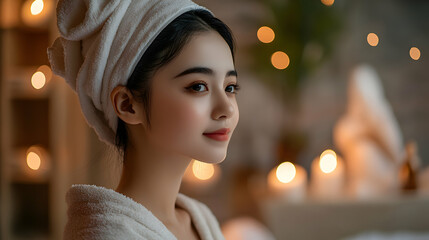 A beautiful Asian woman with a towel on her head, enjoying an aromatherapy session