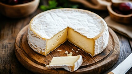 A wheel of full-fat cow cheese partially sliced, placed on a cutting board, with visible textures and a cheese knife slightly blurred in the foreground