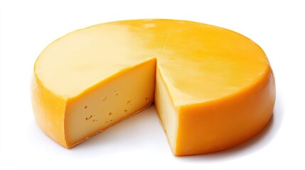A wheel of Holland cheese with a bright yellow rind, neatly sliced to reveal a smooth interior, placed on a white background to highlight its color and texture