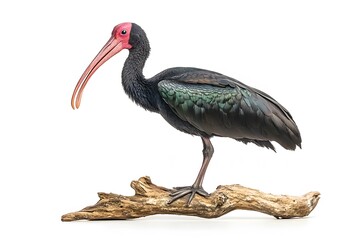 Northern Bald Ibis Hermit Perched on a Branch on White Background, Realistic Photo, Wallpaper, Cover and Screen for Smartphone, Cell Phone, Computer, Laptop, 9:16 and 16:9 Format