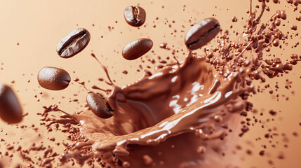 Fototapeta premium Coffee splash, close-up, several coffee beans flying around in coffee powder, advertising photography, studio shot