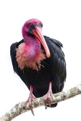 Northern Bald Ibis Hermit Perched on a Branch on White Background, Realistic Photo, Wallpaper, Cover and Screen for Smartphone, Cell Phone, Computer, Laptop, 9:16 and 16:9 Format