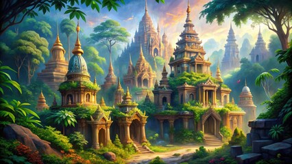 Vibrant watercolor illustration of mystical ancient temples set amidst lush greenery, with intricate carvings and majestic spires, evoking a sense of mysticism and wonder.