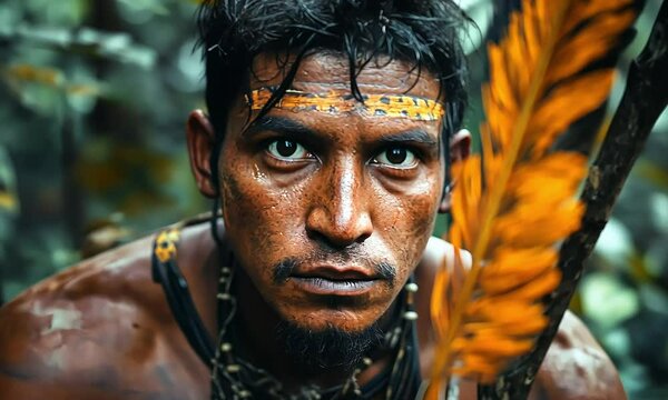 Indigenous Warrior with Feather in Jungle Setting with ai generated.
