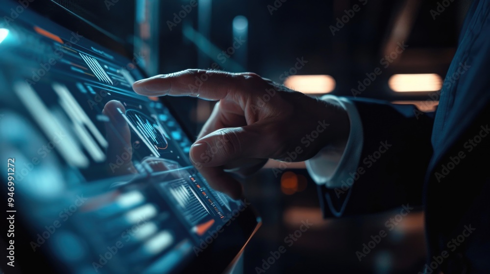 Poster man in a suit uses a touchscreen device