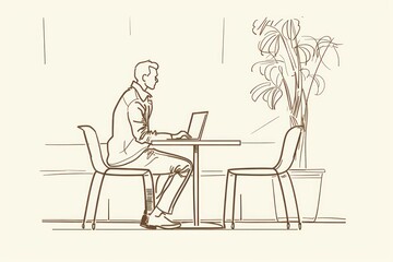 Man working on laptop at cafe.