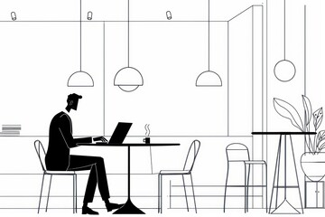 Minimalist Line Art Illustration of a Man Working on a Laptop in a Cafe.