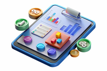 3D Glossy Tablet with Floating Holographic Bar Charts and Dollar Signs - Ideal for Financial Reports and Analysis Content