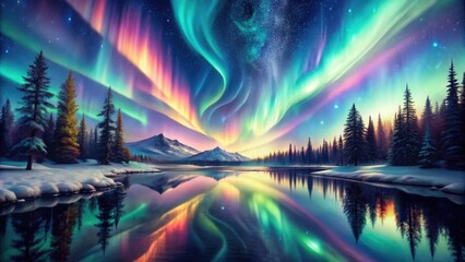 Obraz premium Vibrant watercolor painting captures the ethereal beauty of the northern lights, swirling with soft pastel hues across a dark starry night sky.