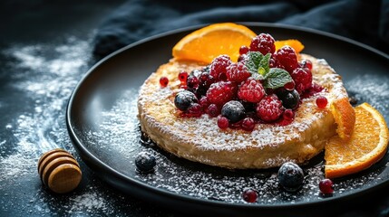 Artistic presentation of round bread with berry toppings and honey, served with orange slices on a black plate, with a shadowy background for emphasis