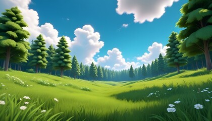 Obraz premium Green Meadow Blue Sky White Clouds Nature Illustration Digital Painting