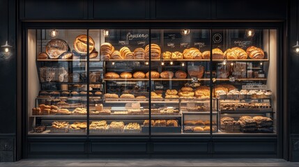 Bakery glass showcase seen from outside, packed with an array of freshly baked bread, rolls, and cookies, perfectly arranged to catch the eye of passersby