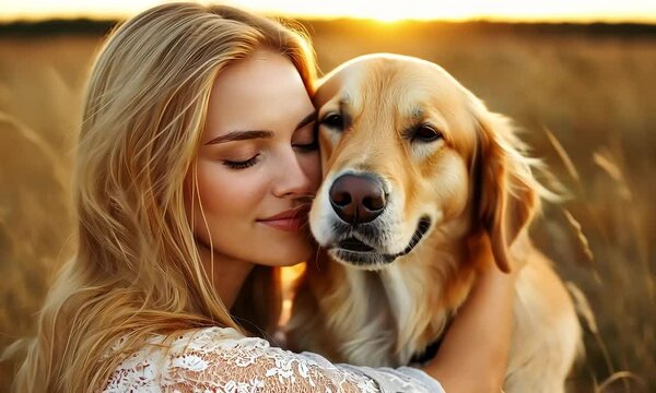 Woman embracing golden retriever in peaceful moment with ai generated.
