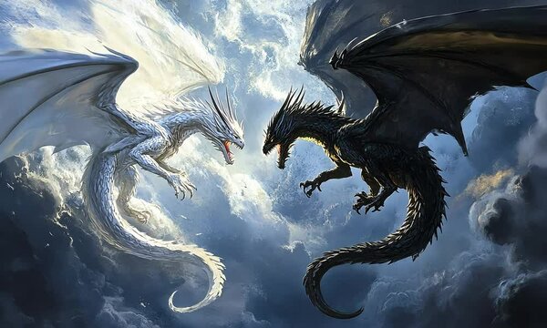 Epic battle between black and white dragons with ai generated.
