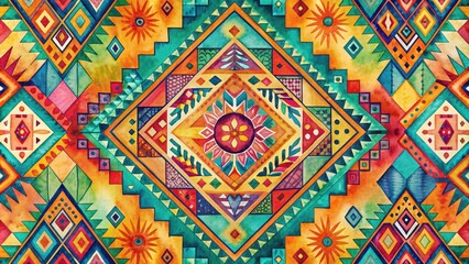Vibrant watercolor tribal design featuring abstract geometric patterns, organic shapes, and whimsical elements in a mesmerizing blend of earthy tones and bold bright colors.