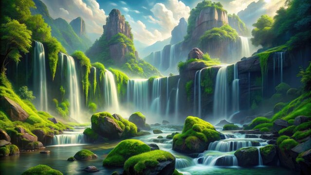 Vibrant waterfalls cascade down lush green rocks, surrounded by misty atmosphere, with stylized graphic elements and bold lines, creating a futuristic and surreal landscape.