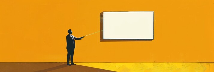 Obraz premium Businessman pointing to blank white square.