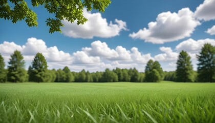 Fototapeta premium Green Meadow Blue Sky White Clouds Nature Illustration Digital Painting