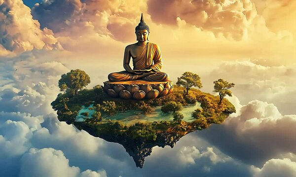 Buddha Statue on Floating Island Amidst Clouds with ai generated.
