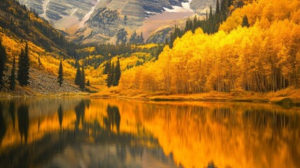 Obraz premium Scenic mountain view with trees ablaze in autumn colors and a calm lake