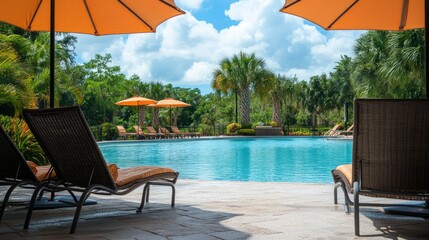 Fototapeta premium Beautifully designed chairs and umbrellas by the pool at a hotel resort, embodying a holiday vacation escape.