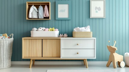 Bright and tidy sideboard in a children's room, filled with toys and freshly folded baby clothes, perfect for a modern nursery.