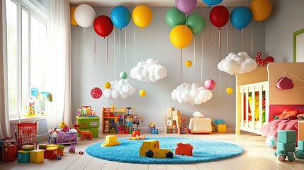 Fototapeta premium Bright children's room filled with colorful balloons, paper clouds hanging from the ceiling, and various toys scattered on the floor. Soft natural light streaming through the window.