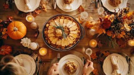 Top-down view of a rustic Thanksgiving meal with traditional dishes