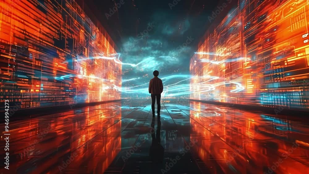 Poster businessman is standing in a futuristic corridor with digital walls displaying financial data, sugge