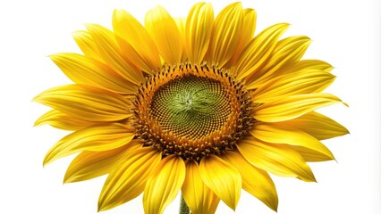 Fototapeta premium Vibrant yellow sunflower petals gently curved and softly lit, isolated on a pure white background, showcasing intricate texture and delicate beauty.