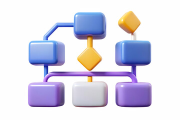 3D Glowing Abstract Flowchart with Arrows Indicating Financial Processes - Complexity of Financial Decision Making Illustrated in Glowing 3D Icon on White Background