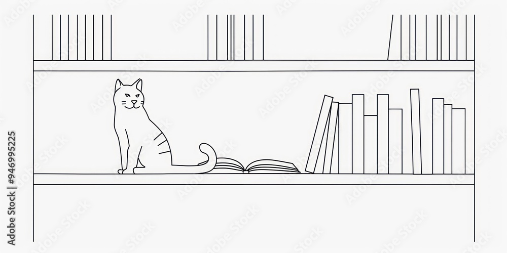 Wall mural Cat on a bookshelf with books.