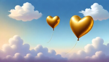 Fototapeta premium Golden Heart Shaped Balloon Sky Background Illustration Love Valentine Graphic Design