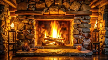 warm golden flames dance in a rustic stone fireplace, surrounded by crackling logs, casting a soft, comforting glow on the dark wooden mantle.